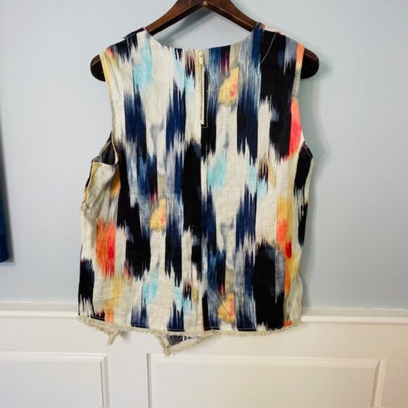 NEW Dkny 100% Linen Raw-Trim Asymmetrical Top Abstract Ikat Print Large - Picture 3 of 7
